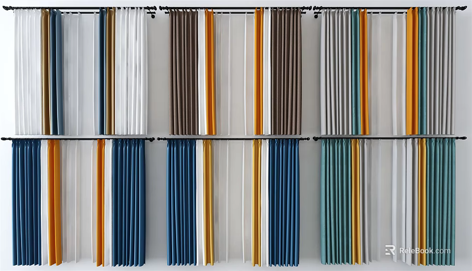 Various Colored Curtains Hanging in Display with Different Styles and Colors 3d model 