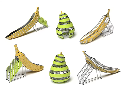 Colorful Playground Equipment With Yellow Green Slides Pear Shaped Structures And Metal Frames 3d model