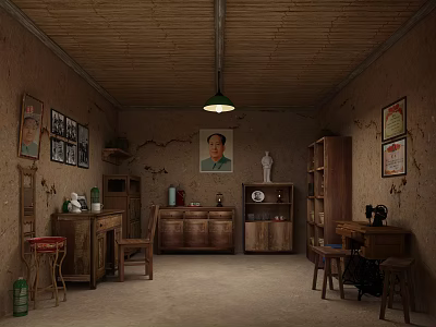 Vintage Room Interior Featuring Wooden Furniture Photos On Wall Hanging Lamp And Stools 3d model