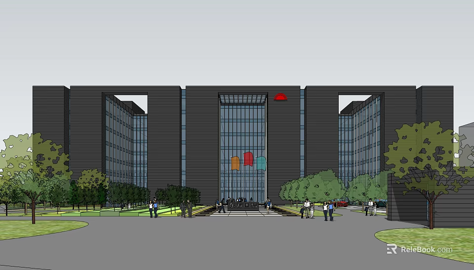 Modern Office Building Exterior With Glass Curtain Wall Entrance Area Green Landscaping And People Walking 3d model 