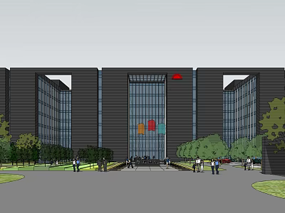Modern Office Building Exterior With Glass Curtain Wall Entrance Area Green Landscaping And People Walking 3d model