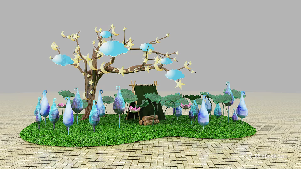 Decorative Outdoor Scene With Tree Moon Stars Clouds Tent And Colorful Plants 3d model 
