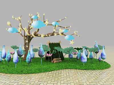 Decorative Outdoor Scene With Tree Moon Stars Clouds Tent And Colorful Plants 3d model