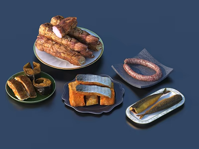 Assorted Delicious Food Including Fried Snacks Sausage Bread And Dried Fish On Plates 3d model