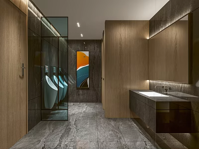 Modern Public Toilet Interior With Wooden Walls Marble Floor And Decorative Painting 3d model