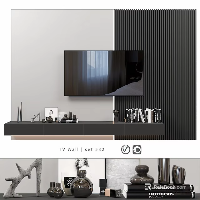 Modern TV Wall Design With Black Striped Panel And Floating TV Stand 3d model 