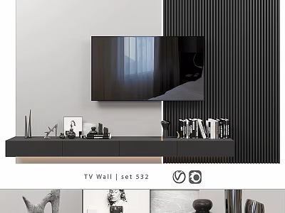Modern TV Wall Design With Black Striped Panel And Floating TV Stand 3d model