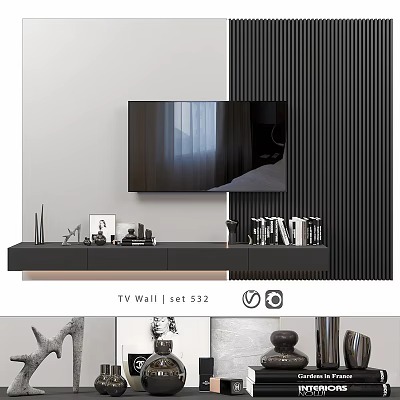 Modern TV Wall Design With Black Striped Panel And Floating TV Stand 3d model