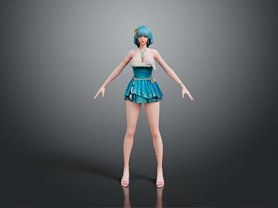 Woman With Turquoise Hair In Blue Dress And Hair Accessory Standing With Arms Outstretched 3d model