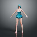 Woman With Turquoise Hair In Blue Dress And Hair Accessory Standing With Arms Outstretched