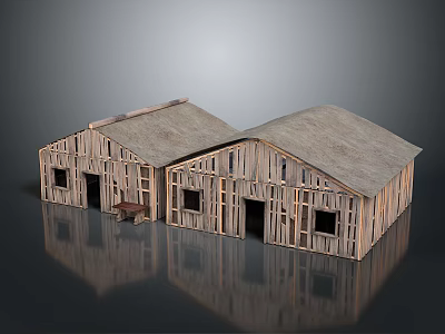 Two Wooden Barns with Frame Structure Sloped Roofs Multiple Windows Doors and Wheelbarrow 3d model