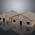 Two Wooden Barns with Frame Structure Sloped Roofs Multiple Windows Doors and Wheelbarrow
