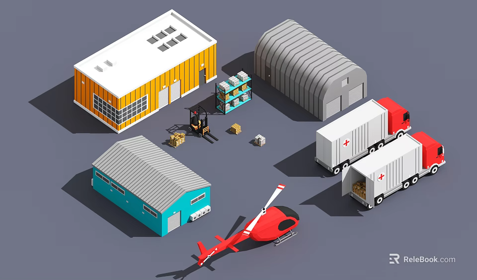 Cartoon Logistics Scene With Warehouses Trucks Helicopter Forklift And Boxes 3d model 