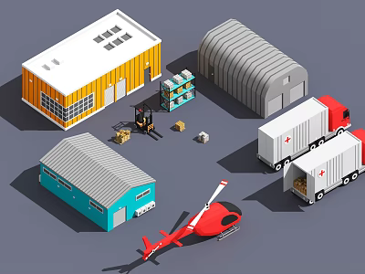 Cartoon Logistics Scene With Warehouses Trucks Helicopter Forklift And Boxes 3d model