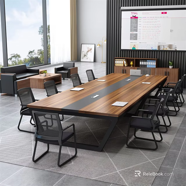Modern Wooden Conference Table With Striped Top And Black Chairs In Meeting Room 3d model 