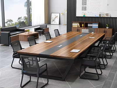 Modern Wooden Conference Table With Striped Top And Black Chairs In Meeting Room 3d model