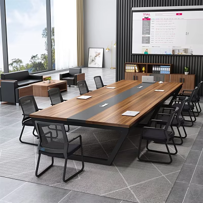 Modern Wooden Conference Table With Striped Top And Black Chairs In Meeting Room 3d model