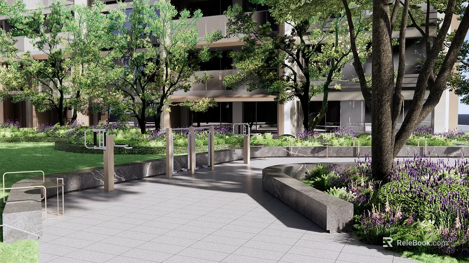 Serene Residential Landscape with Trees Lawn Pathway Flower Beds and Multi story Building 3d model 