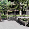 Serene Residential Landscape with Trees Lawn Pathway Flower Beds and Multi story Building