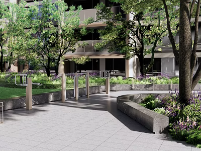 Serene Residential Landscape with Trees Lawn Pathway Flower Beds and Multi story Building 3d model