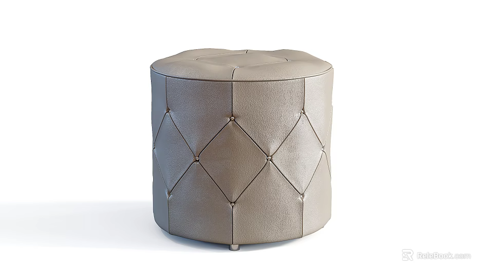 Round Diamond Tufted Leather Ottoman In Neutral Tone For Modern Living Room 3d model 