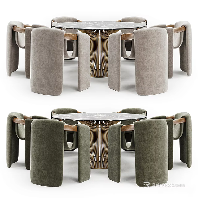 Elegant Modern Round Dining Table Set With Marble Top And Gray Green Velvet Chairs 3d model 