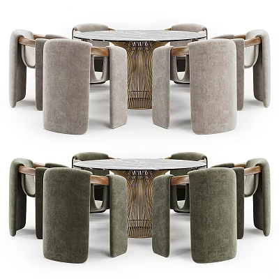 Elegant Modern Round Dining Table Set With Marble Top And Gray Green Velvet Chairs 3d model