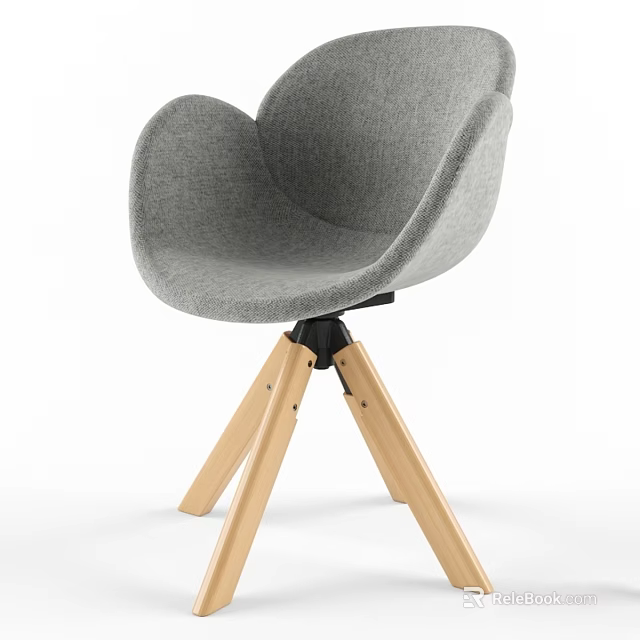 Modern Gray Stool With Curved Back And Seat Three Wooden Legs Black Joint 3d model 