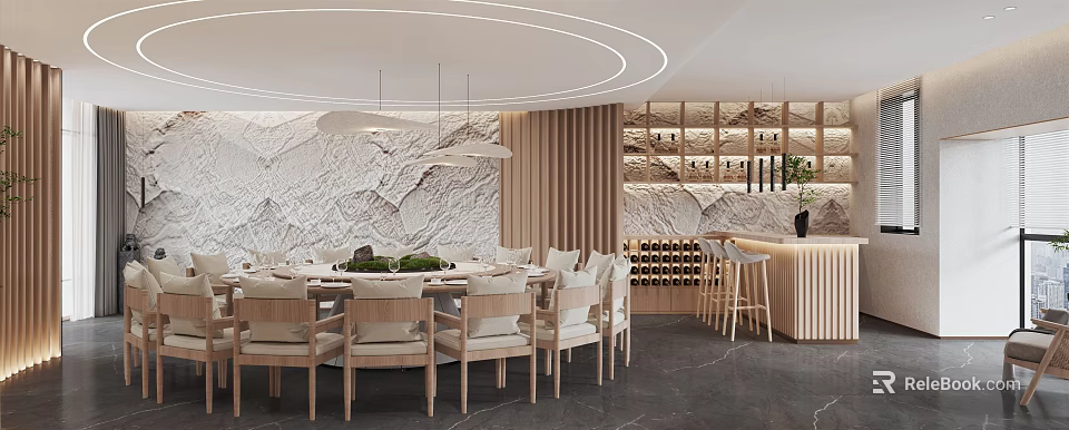 Elegant VIP Dining Box Interior With Round Table Stone Wall Wine Rack And Bar Counter 3d model