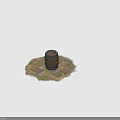 Wooden Barrel With Metal Hoops Round Lid On Stone Tiled Floor With Moss