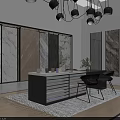 Modern Interior Showroom With Large Decorative Paintings Marble Panels White Armchairs And Pendant Lights