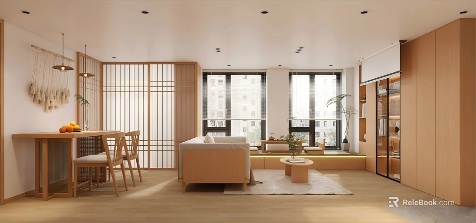 Japanese Style Restaurant Interior Featuring Wooden Shoji Screen Large Windows And Natural Light 3d model 