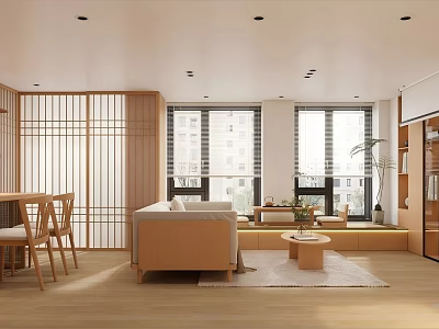 Japanese Style Restaurant Interior Featuring Wooden Shoji Screen Large Windows And Natural Light 3d model