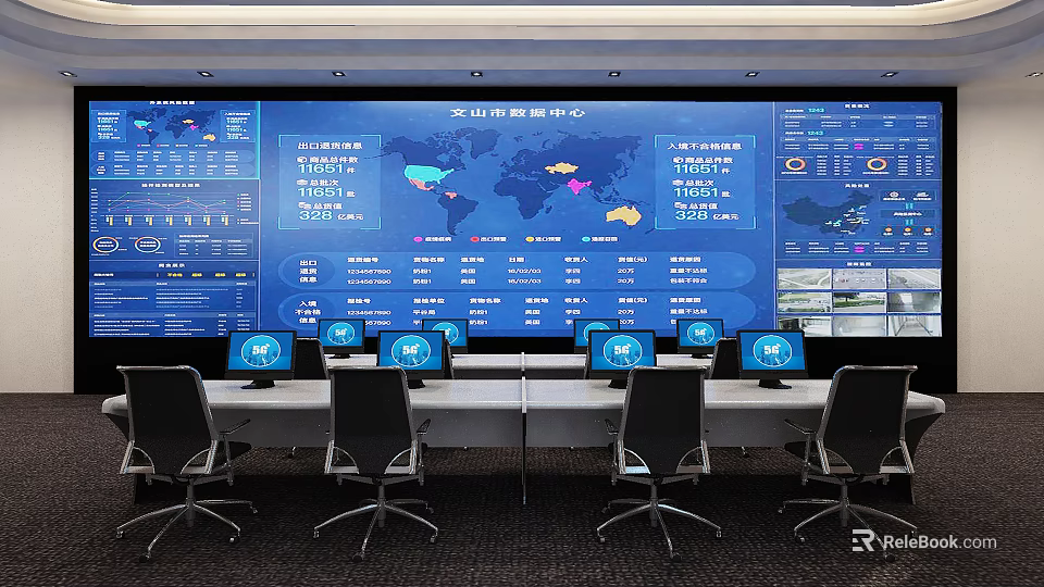 Control Room With Large Display Wall Showing Data Charts World Map Multiple Workstations And Monitors 3d model