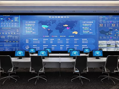 Control Room With Large Display Wall Showing Data Charts World Map Multiple Workstations And Monitors 3d model