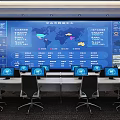Control Room With Large Display Wall Showing Data Charts World Map Multiple Workstations And Monitors 3d model