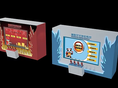 Smart Fire Extinguishing Experience Exhibition Booths Design With Red Blue Backgrounds Flame Patterns And Panda 3d model
