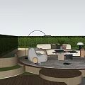 Tranquil Garden Landscape With Circular Seating Sofa Lush Trees Flower Beds And Soft Lighting