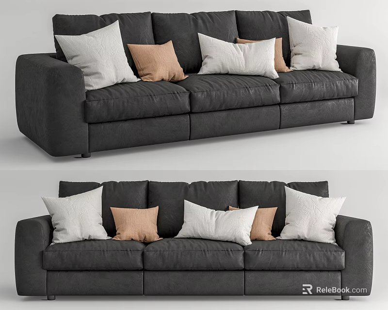 Modern Dark Gray Three Seater Sofa With White And Beige Throw Pillows 3d model