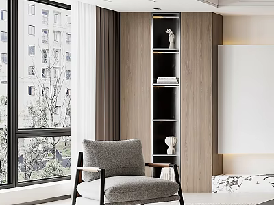 Modern Gray Accent Chair With Wooden Armrests By Large Windows And Bookshelf 3d model