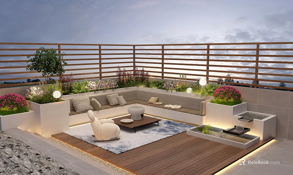 Serene Rooftop Garden With Wooden Deck Sofa Seating Green Plants Ambient Lighting And Water Feature 3d model 