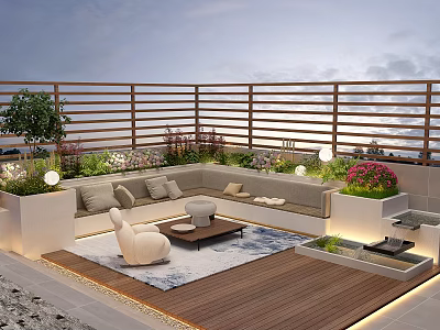 Serene Rooftop Garden With Wooden Deck Sofa Seating Green Plants Ambient Lighting And Water Feature 3d model