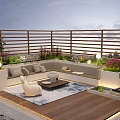 Serene Rooftop Garden With Wooden Deck Sofa Seating Green Plants Ambient Lighting And Water Feature