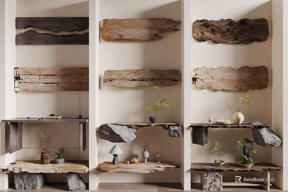 Natural Rustic Wooden Shelving Units With Stone Decor And Potted Plants 3d model 