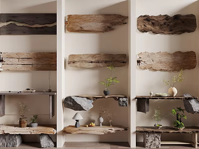 Natural Rustic Wooden Shelving Units With Stone Decor And Potted Plants 3d model