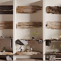 Natural Rustic Wooden Shelving Units With Stone Decor And Potted Plants