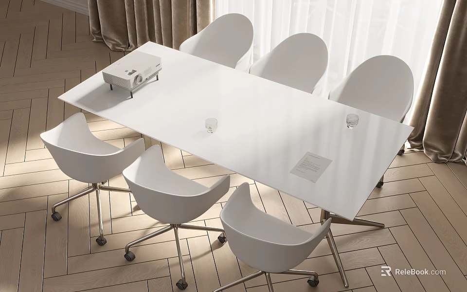 Modern White Conference Table with Four White Chairs Box Document and Wooden Floor 3d model 