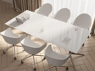 Modern White Conference Table with Four White Chairs Box Document and Wooden Floor 3d model