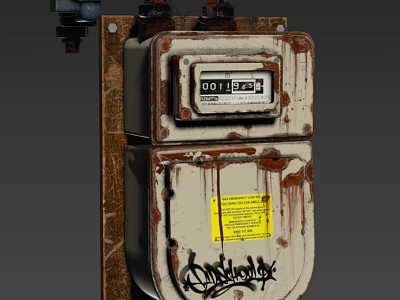 Old Rusted Gas Meter With Graffiti And Yellow Warning Label 3d model