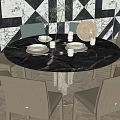 Elegant Round Marble Dining Table Set with Beige Leather Chairs Decorative Vase and Geometric Wall